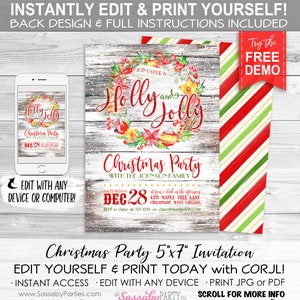 Christmas Party Invitation - INSTANT DOWNLOAD - Edit & Print, Holly Jolly, Xmas Holiday Invite, Printable, Red Green, Annual, Family