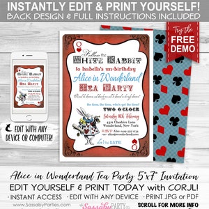 Alice in Wonderland Tea Party Invitation - INSTANT DOWNLOAD - Editable & Printable, Birthday Invite, White Rabbit, Baby Shower, Sprinkle