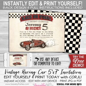 Vintage Race Car Invitation, Invite, Any Age, Race on Over, Instant Download, Printable, Print Yourself, Editable, Old Car, Racing, Edit Text, red, Checkered Flag