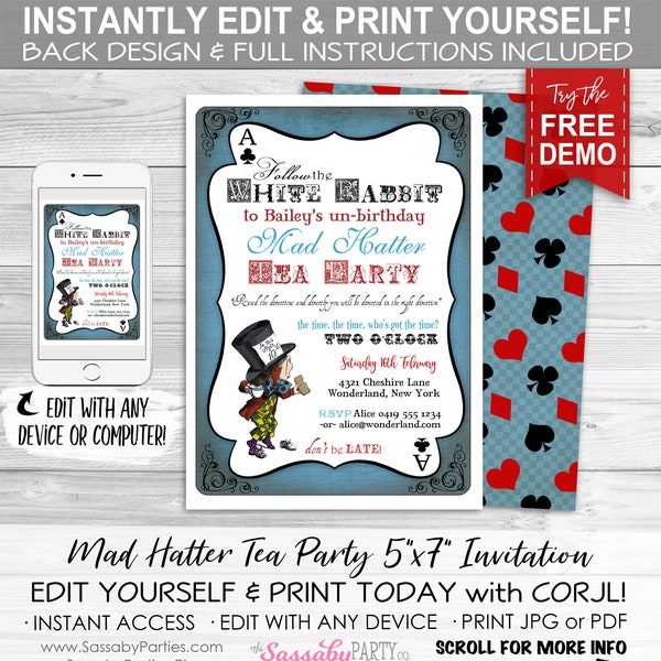 Mad Hatter Tea Party Invitation - INSTANT DOWNLOAD - Editable & Printable, Birthday, Baby Shower Alice in Wonderland Invite, Edit, Print