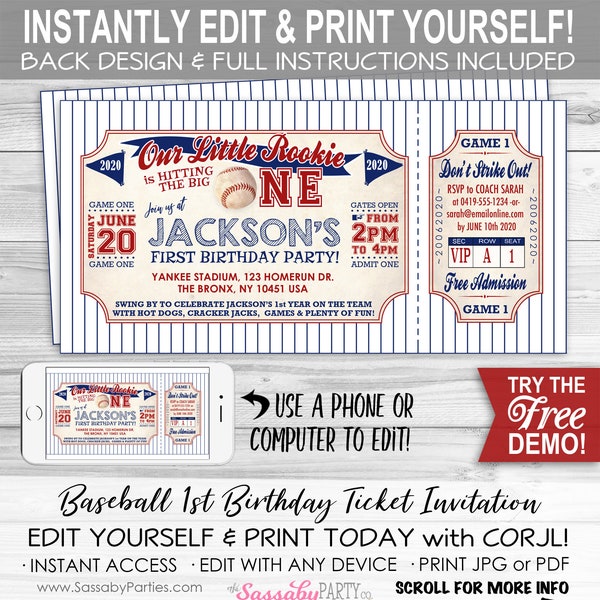 Baseball Ticket BIRTHDAY Invitation - INSTANT DOWNLOAD - partially Editable & Printable, Rookie, 1st Birthday, Party Invite, Boys, First