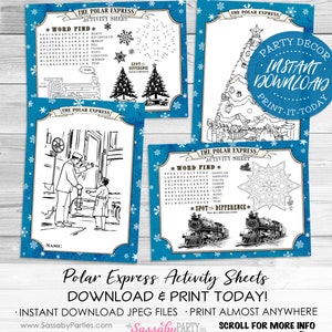 Polar Express Activity Sheets - INSTANT DOWNLOAD - Printable, Blue Birthday Christmas Party, Games, Coloring, Maze, Find a Word, Xmas Train