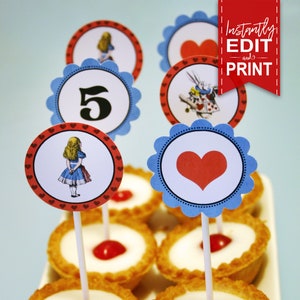 Alice in Wonderland Party Circles, Cupcake Toppers, Decor, Decorations, Edit Text, Editable, Birthday, Queen of Hearts, White Rabbit, Mad Hatter Tea Party, Printable, Print Yourself, Instant Download, Digital Files