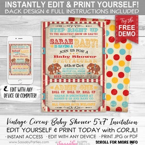 May include: A printable 5" x 7" baby shower invitation with a vintage circus theme. The invitation features a red and white striped background with a ticket-style design. The text on the invitation reads "Step Right Up to the Greatest Show on Earth! Sarah Baby! Is Having a Baby Shower Spectacular 8th of Oct 120 Sideshow Alley Bigtop CA, 95628 at Three O'Clock PM RSVP to Ringmaster Sharon 04-19-225-1234 or sharon@emallionline.com by 1st Oct Admit One Roll Up, Roll Up, Roll Up Sarah is Registered at Babies R Us and Baby Co All Circus Acts Welcome".