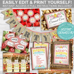 Farmers Market Party Pack, Banner, Favor Tags, Food Tent Cards, Water Bottle Labels, Welcome Sign, Instant Download, Edit Text, Editable, Print Yourself, Printable, Country Stall, Homemade, Farm Fresh, Birthday Decorations, Decor