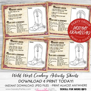 Cowboy, Activity Sheets, Game, Coloring, Jokes, Slang, Lone Star, Ranger, Texas, Wild West, Birthday Party Decor, Decorations, Placemat, Instant Download, Printable, Print Yourself At Home,