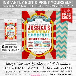 Carnival Birthday Invitation - INSTANT DOWNLOAD - Edit & Print Today, Circus, Sideshow, Party Invite, Vintage Carousel, Come one Come All