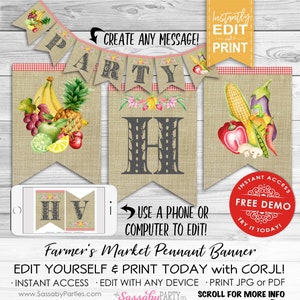 Farmers Market Party Banner - INSTANT DOWNLOAD - Editable & Printable Birthday Bunting Decoration, Decor, Country, County Fair, Edit Print