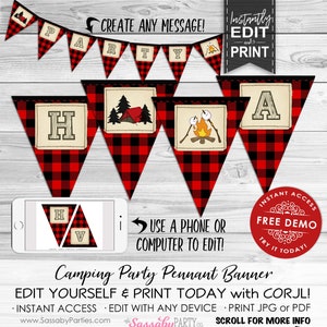 Camping Party Banner, Bunting, Pennant Flags, Red Lumberjack, Create Your Message, Campfire, Smores, Tent, Camp Birthday Decorations, Decor, Bday, Edit Text, Editable, Printable, Print Yourself, Instant Download,