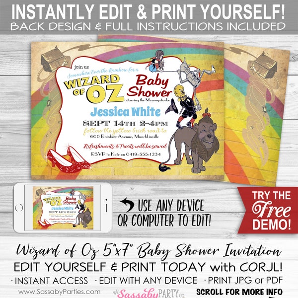 Wizard of Oz Baby Shower Invitation - INSTANT DOWNLOAD - Editable & Printable Invite, Ruby Slippers, Over the Rainbow, Yellow Brick Road