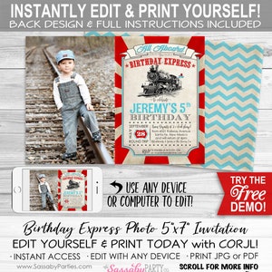 May include: A red, white, and blue train-themed birthday invitation with a photo placeholder. The invitation says "All Aboard the Birthday Express" and "Jeremy's 5th Birthday".
