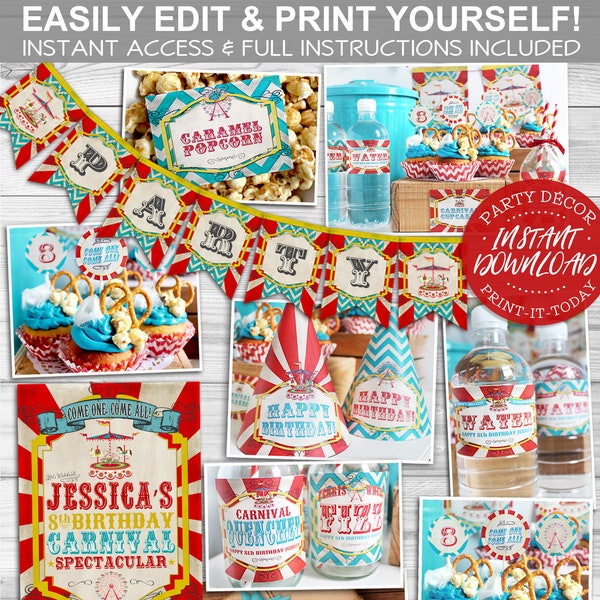 Vintage Carnival Party Pack - INSTANT DOWNLOAD - Printable & Editable Birthday Party Decorations, Decor, Carousel, Circus, Hats, Labels