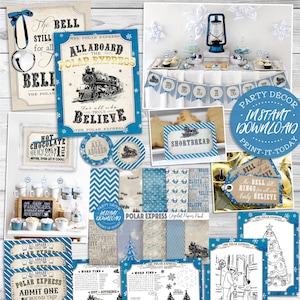 Polar Express MEGA Party Bundle - INSTANT DOWNLOAD - partially Edit, Printable Decorations, Blue, Decor, Holiday, Christmas, Birthday, Train