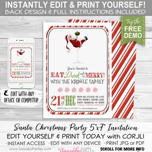 Christmas Party Invitation, Santa Claus, Cocktails, Cocktail, Eat Drink be Merry, Martini Glass, Instant Download, Print Yourself, Printable, Xmas, Edit Text, Editable