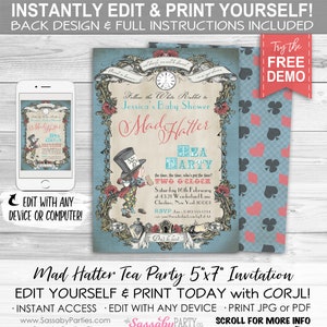 Mad Hatter Tea Party Invitation - INSTANT DOWNLOAD -  Edit & Print Yourself, Blue Pastel, Alice in Wonderland Birthday Invite, Baby Shower