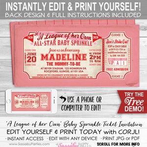 Baseball 'A League of Her Own' BABY Sprinkle Invitation - INSTANT DOWNLOAD - Editable & Printable, Rockford Peaches, Party Invite, Pink