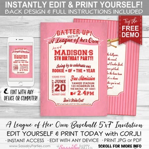 A League of Her Own Baseball Invitation - INSTANT DOWNLOAD - Edit & Print, Rookie, Party Invite, Bday, Birthday, Rockford Peaches, Batter Up