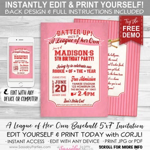 Girls Baseball Rockford Peaches, Birthday Invitation, Any Age, Ticket, Invite, Edit Text, Editable, Pink, Red, League of Her Own, All-Star, Party Printable, Print Yourself, Take Me Out to the Ballgame