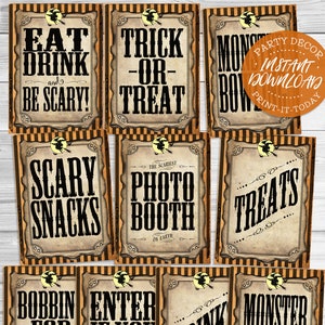 May include: Printable Halloween party game posters with a vintage style. The posters feature text such as "Eat and Drink Be Scary", "Trick or Treat", "Monster Mash", "Scary Snacks", "Photo Booth", "Treats", "Bobbin for Apple", "Enter if You Dare", and "Drink".