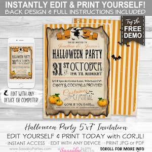 Halloween Party Invitation, Invite - INSTANT DOWNLOAD - Editable & Printable Pumpkin, Witch, Costume Party, Come if you Dare, Bats, Edit Yourself, Edit Text, Birthday, Candy, Cocktails