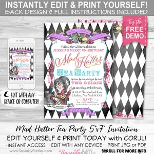 Mad Hatter Tea Party Invitation - INSTANT DOWNLOAD -  Edit & Print Yourself, Birthday Party, Baby Shower, Alice in Wonderland Invite