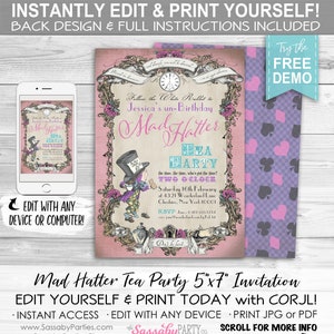 Mad Hatter Tea Party Invitation - INSTANT DOWNLOAD - Partially Editable, Printable, Birthday Invite, Pink Pastel, Edit & Print Yourself