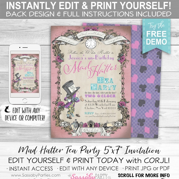 Mad Hatter Tea Party Invitation - INSTANT DOWNLOAD - Partially Editable, Printable, Birthday Invite, Pink Pastel, Edit & Print Yourself