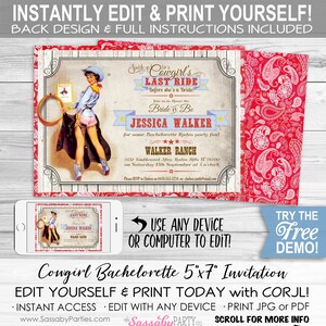 Cowgirl Rodeo Bachelorette Invitation - INSTANT DOWNLOAD - Edit & Print Yourself, Bridal Shower Invite, Hens Party, Last Ride, Printable