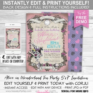 Alice in Wonderland Invitation, Pink Pastel, Invite, Tea Party, White Rabbit, Dont Be Late, Hearts, Editable, Instant Download, Printable Birthday, Print Yourself