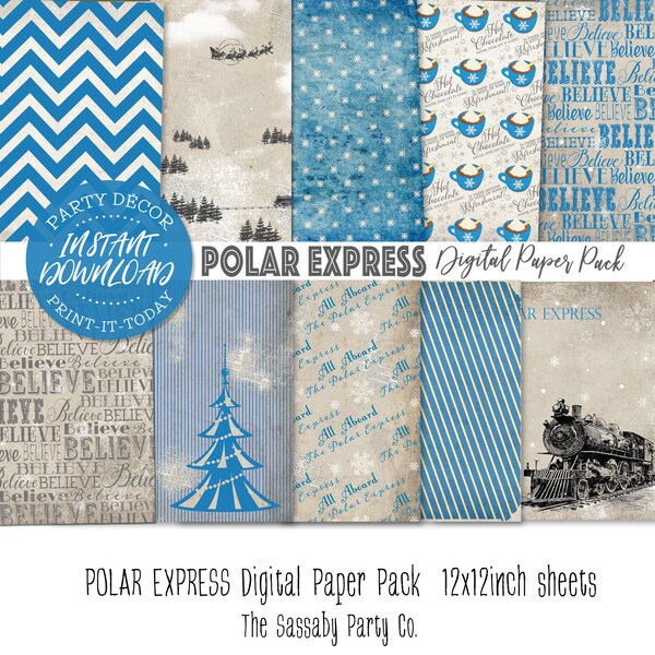 Polar Express Digital Papers Pack - INSTANT DOWNLOAD - Scrapbooking Card Making, Sheets, Christmas, Birthday Decorations, Party Decor, Train