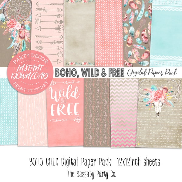 Boho Chic Paper Pack 12 Digital Sheets - INSTANT DOWNLOAD - Dreamcatcher, Bohemian, Scrapbooking, Cards, Birthday, Planner, Stickers, Invite