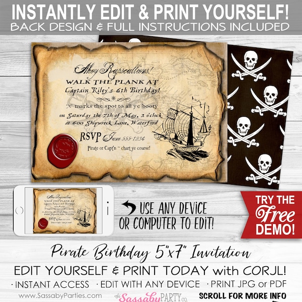 Pirate Birthday Party Invitation - INSTANT DOWNLOAD - Partially Editable & Printable Invite, Matey, Treasure Map, Ship, Scallywag, Pirates