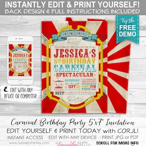 Vintage Carnival Invitation - INSTANT DOWNLOAD - Edit & Print Today, Birthday, Circus, Sideshow, Party Invite, Carousel, Come one Come All