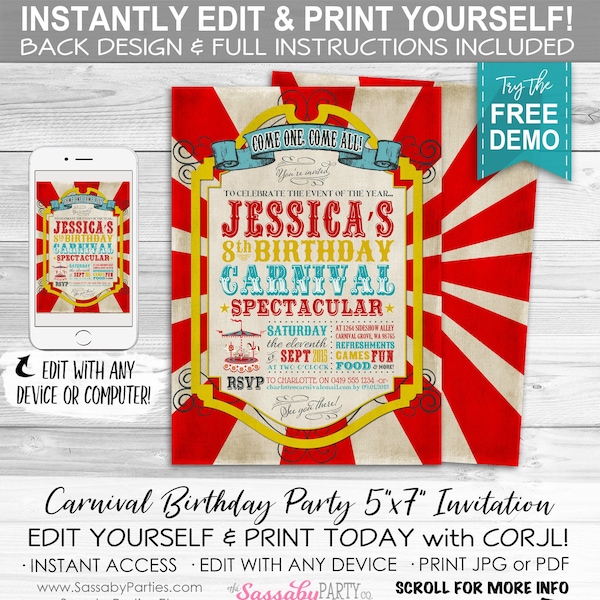 Vintage Carnival Invitation - INSTANT DOWNLOAD - Edit & Print Today, Birthday, Circus, Sideshow, Party Invite, Carousel, Come one Come All