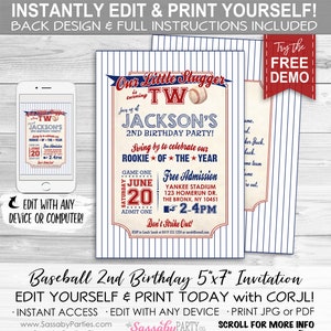 Baseball Invitation 2nd Birthday - INSTANT DOWNLOAD - partially Editable & Printable, Rookie, Party Invite, Boys Bday, Two, Little Slugger