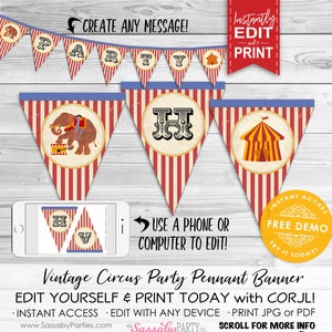 Circus Banner, Bunting, Pennant Flags, Edit Yourself, Editable Message, Elephant, Stripes, Red, Birthday, Decorations, Decor, Instant Download, Print Yourself, Big Top Tent