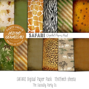 Paquete de papeles digitales de safari: DESCARGA INSTANTÁNEA: hojas imprimibles, álbumes de recortes, tarjetas, decoración de fiestas, África, jungla, león, cumpleaños, planificador