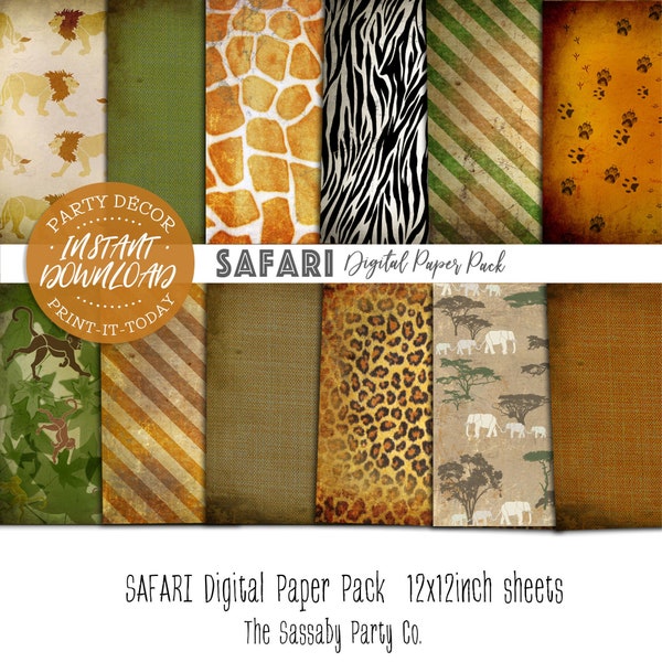 Safari Digital Papers Pack - INSTANT DOWNLOAD - Printable Sheets, Scrapbooking, Cards, Party Decor, Africa, Jungle, Lion, Birthday, Planner