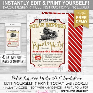 Polar Express Invitation - INSTANT DOWNLOAD - Partially Editable & Printable, Pajama Party, Birthday Invite, Train, Christmas, Believe