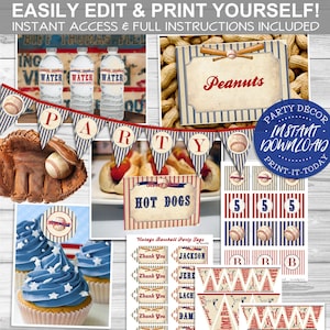 Vintage Baseball Party Pack - INSTANT DOWNLOAD - Editable & Printable, Decorations, Decor, Labels, Bunting, Water, Thank You, Food, Tags