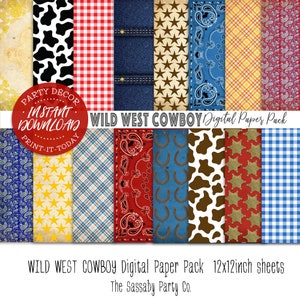 Wild West Cowboy Paper Pack 16 fogli digitali - DOWNLOAD IMMEDIATO - Stampabile, Western, Scrapbooking, Biglietti, Compleanno, Decorazione, Artigianato, Regalo