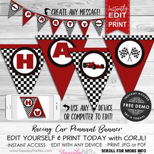 Racing Car Party Banner, Bunting, Checkered Flag, Formula One, Red, Create Any Message, Edit Text, Editable Message, Birthday Party Decorations, Decor, Instant Download, Printable Birthday, Print Yourself