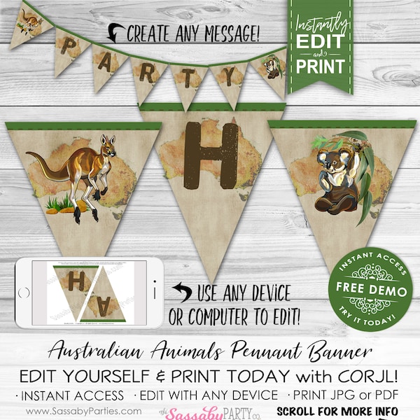 Australian Animals Party Banner - INSTANT DOWNLOAD - Edit & Print, Birthday Party Decor, Bunting, Decoration, Kangaroo Koala, Outback Aussie