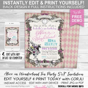 Alice in Wonderland Invitation, Pink Harlequin - INSTANT DOWNLOAD - Edit & Print Yourself,  Birthday Invite, Tea Party, Pastel, White Rabbit