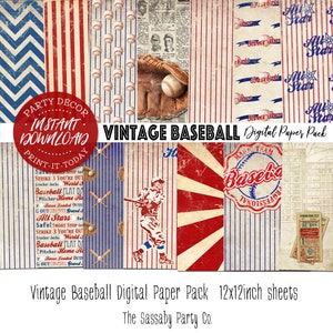 Vintage Baseball Paper Pack - INSTANT DOWNLOAD - 14 Digital Sheets, Printable, Scrapbooking, Cards, Birthday, Planner, Stickers, Invitations