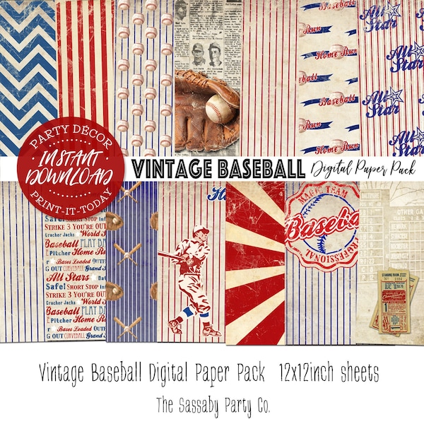 Vintage Baseball-Papierpaket - SOFORT-DOWNLOAD - 14 digitale Blätter, druckbar, Scrapbooking, Karten, Geburtstag, Planer, Aufkleber, Einladungen