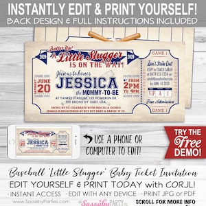 Vintage Baseball Baby Shower Invitation - INSTANT DOWNLOAD - Editable & Printable, Little Slugger on the way, Ticket Invite, Ballgame