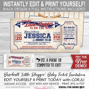 Baseball Baby Shower Invitation, Ticket Invite, Little Slugger On The Way, Mommy to Be, Batter Up, Little Rookie, Edit Text, Editable, Take Me Out To The Ballgame, Play Ball, Home Run, Instant Download, Printable, Print Yourself