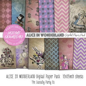 Alice in Wonderland Digital Papers Pack - INSTANT DOWNLOAD - Printable Party Decorations, Queen of Hearts, Scrapbooking, Planner, Stickers