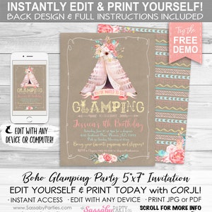 Boho Glamping Invitation, Birthday Sleepover - INSTANT DOWNLOAD - Editable & Printable, Rustic, Floral, Southwest, Slumber Party Invite